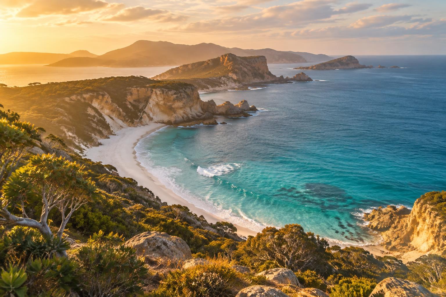 Coastal cliffs and turquoise water on Kangaroo Island at golden hour
